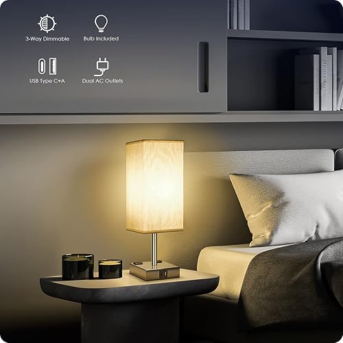 Miniatura 10 de Lámpara de noche con puertos USB, lámpara de mesa de control táctil para dormitorio con puertos de carga USB C+A y salidas de CA, luz regulable de 3