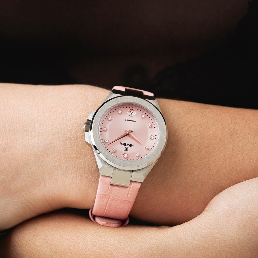 Festina Orologio Donna Analogico in Acciaio Inossidabile e Pelle Rosa | Movimento al Quarzo, Vetro Minerale ad Alta Resistenza, Impermeabile 5 ATM e Calendario F20701/2, Mademoiselle