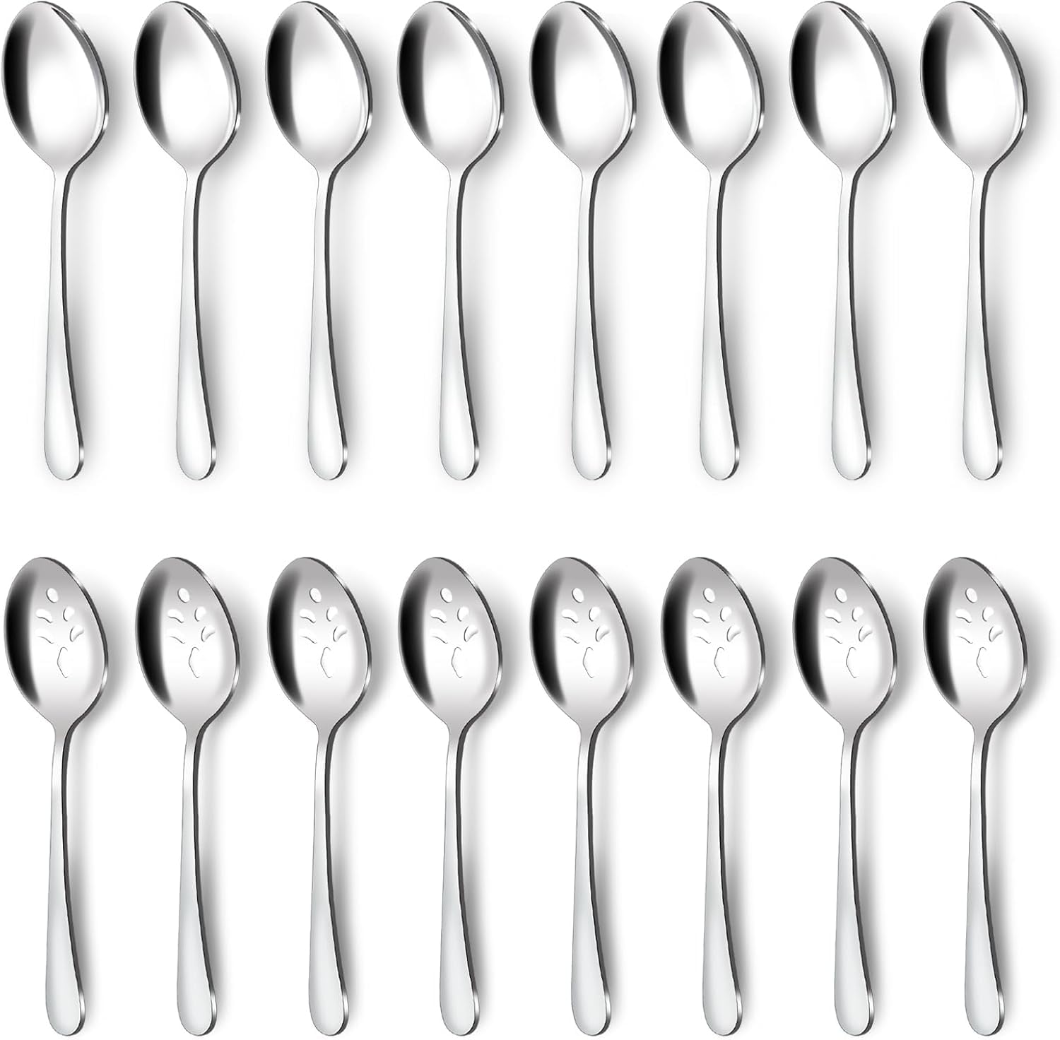 BEWOS Set di 16 cucchiai da portata, 8 cucchiai da portata, 8 cucchiai scanalati, set di utensili da portata da 22 cm per feste, cucchiai da portata in acciaio inossidabile, lavabili in lavastoviglie,