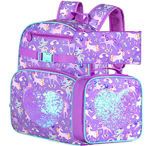 Zlyert 3Pcs Backpack For Girls, Unicorn Kids Bookbag For Elementary Preschool Students, 16" Sequin Backpacks With Lunch Box For Girl - Purple #TOP5