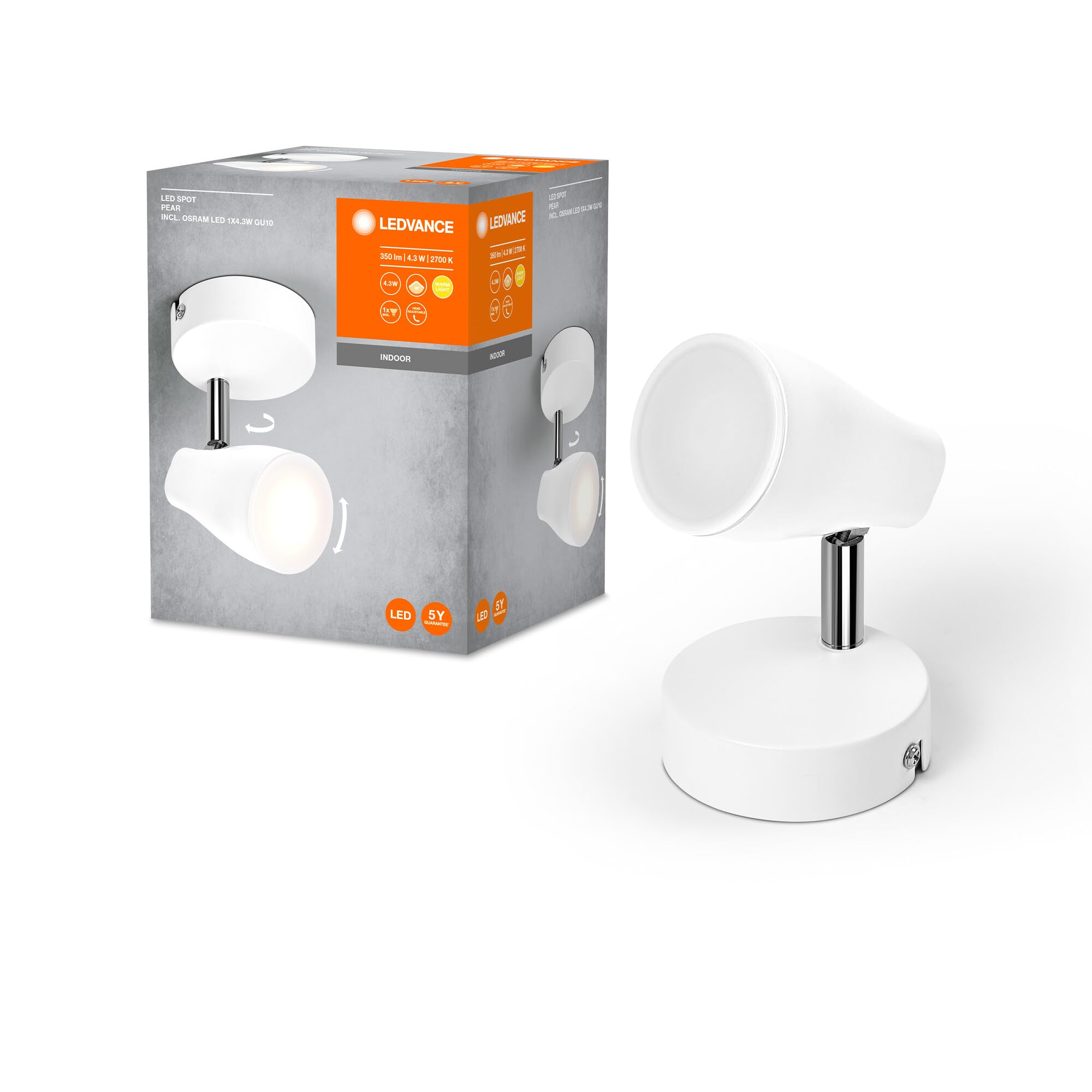 LEDVANCE Led Spot Pear Ceiling-Mounted Spot, White, 4.3W, 210Lm, Directional Light with Warm White Light Color, with Flexible Gu10 Head, Gu10 Lamp Included, Ip20, 2700K