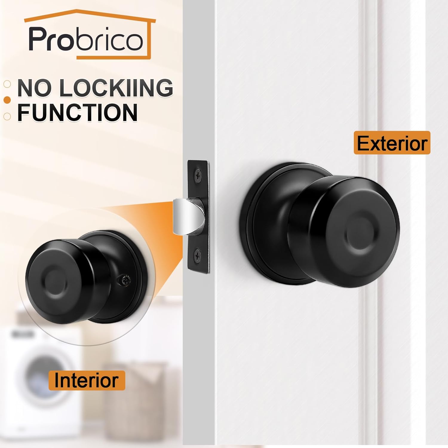 Probrico 3 Pack Black Passage Door Knobs Keyless, Solid Door Lock with Cylindrical Shape Handle, Door Hardware for Kitchen Bathroom Bedroom Closet