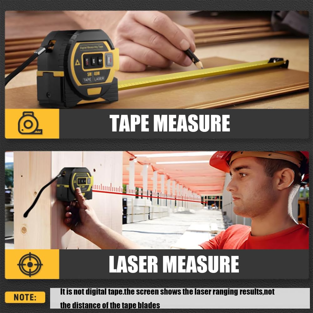 Nastro di misurazione universale 3 in 1 digitale retroilluminato LCD, lunghezza totale 5 m, telemetro da 4 m, per archiviazione dati, area di misura, volume, pitagorica, per uso domestico e