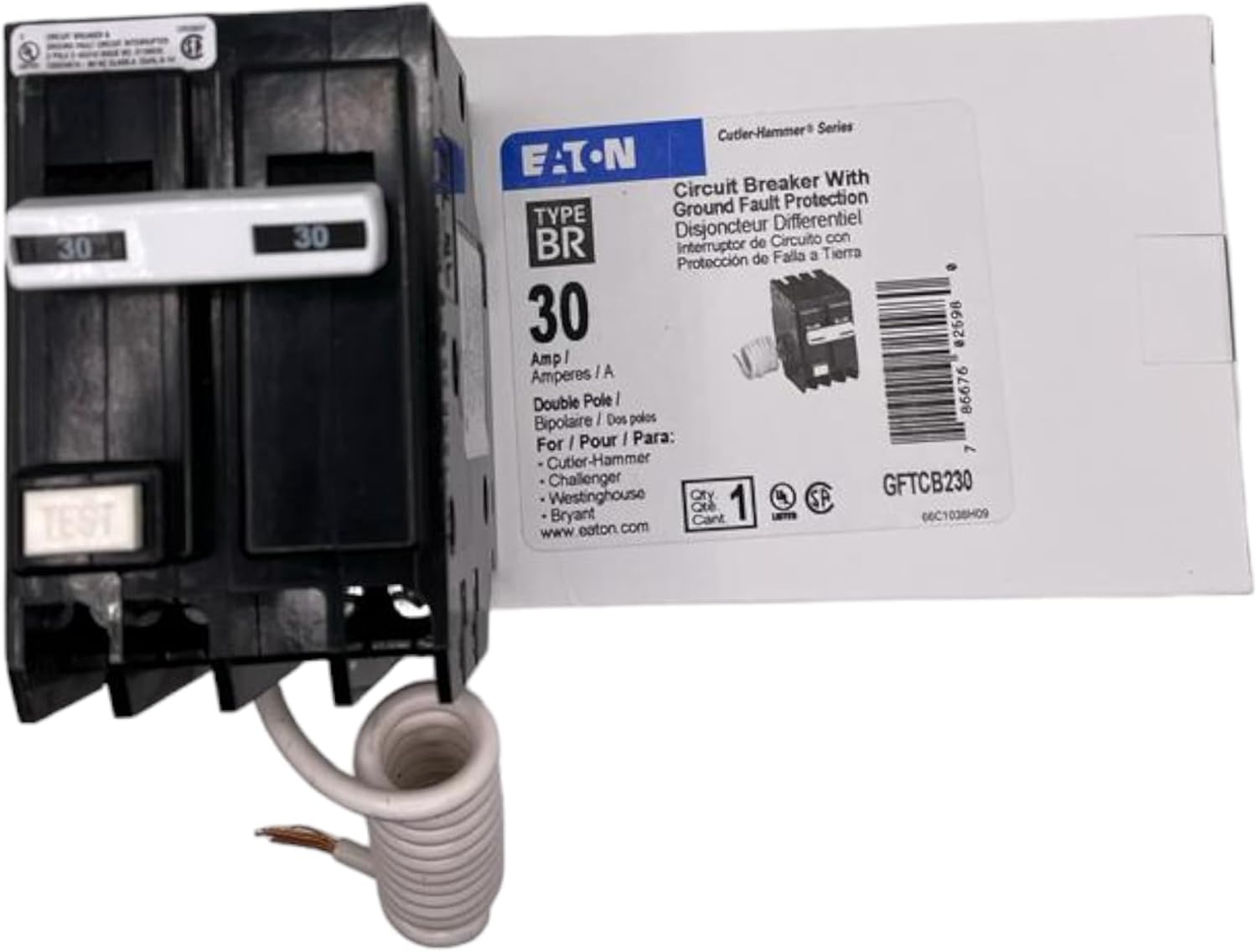 EATON GFTCB230 Cutler Hammer Ground Fault Circuit Breaker, 30 Amp, 120/240 Vac, 10 Kaic, 14-4 Awg, 2 Poles