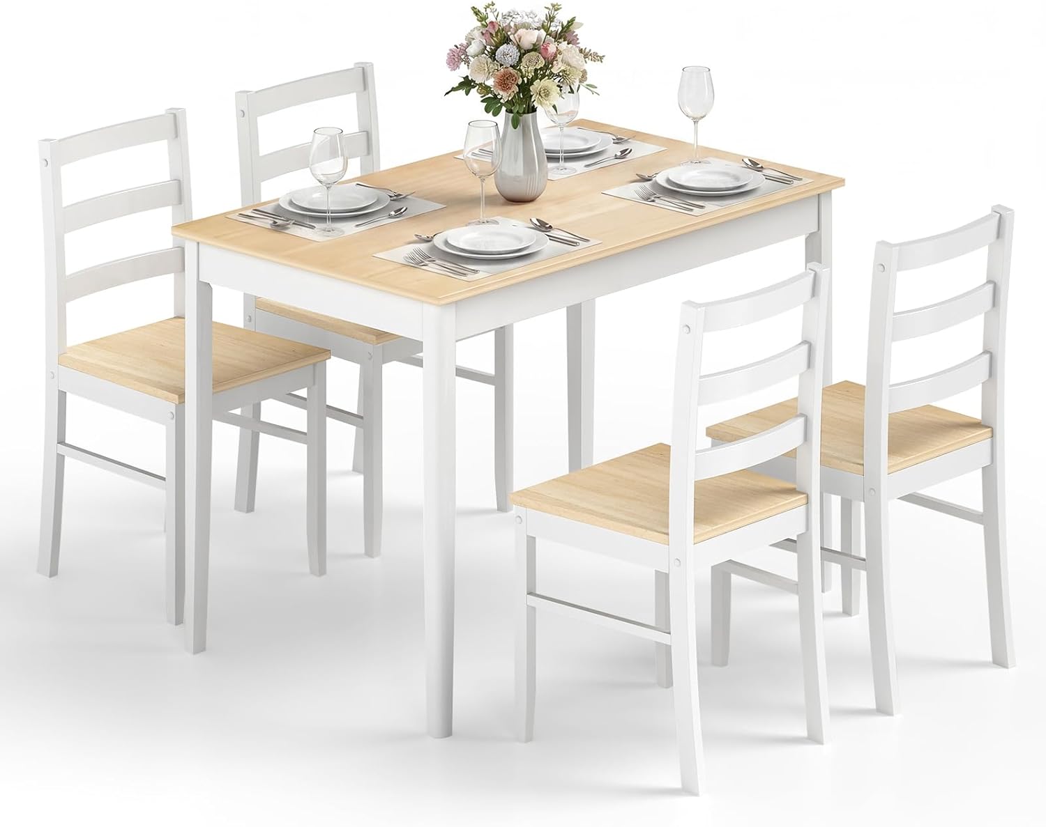Giantex 5-Piece Dining Table Set for 4, 45" Rectangular Kitchen Table and Chairs Set with Solid Rubber Wood Legs, Space Saving Dinette Set for Small Space, Breakfast Nook, Restaurant (Beige)