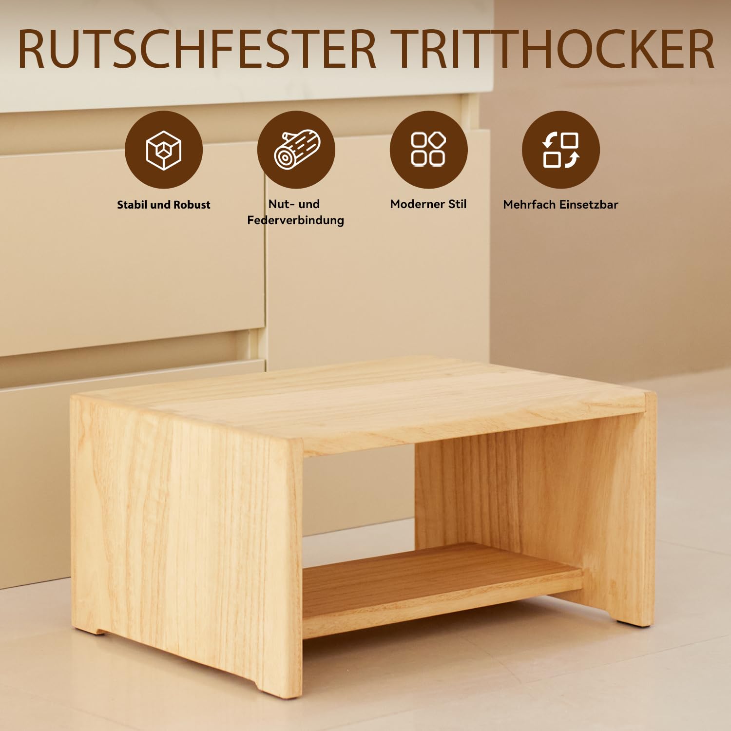 KIRIGEN Tritthocker aus Paulownia-Holz, 2-stufiger Kinderhocker mit Stauraum und rutschhemmenden Pads, max. 136 kg, 39,5 x 29,5 x 18 cm, Natur
