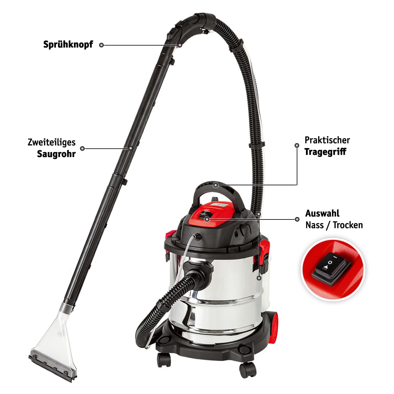 WALTER Waschsauger 1600 W, Polsterreiniger, Teppich-Reinigungsmaschine, Nasssauger, Trockensauger, schnell, effektiv, einfach zu bedienen, leistungsstarke Saugkraft, mit 20 L Auffangbehälter