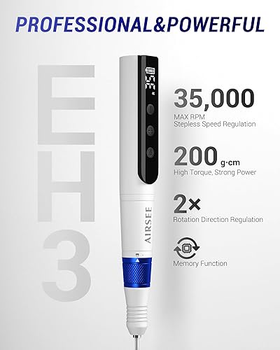 Miniatura 2 de AIRSEE Taladro de uñas eléctrico inalámbrico de 35000 rpm, kit de archivo E recargable profesional portátil Efiler para eliminación de gel de