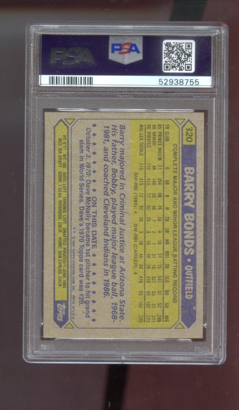 Barry Bonds Graded PSA 8 NM-MT (Baseball Card) 1987 Topps - [Base] #320