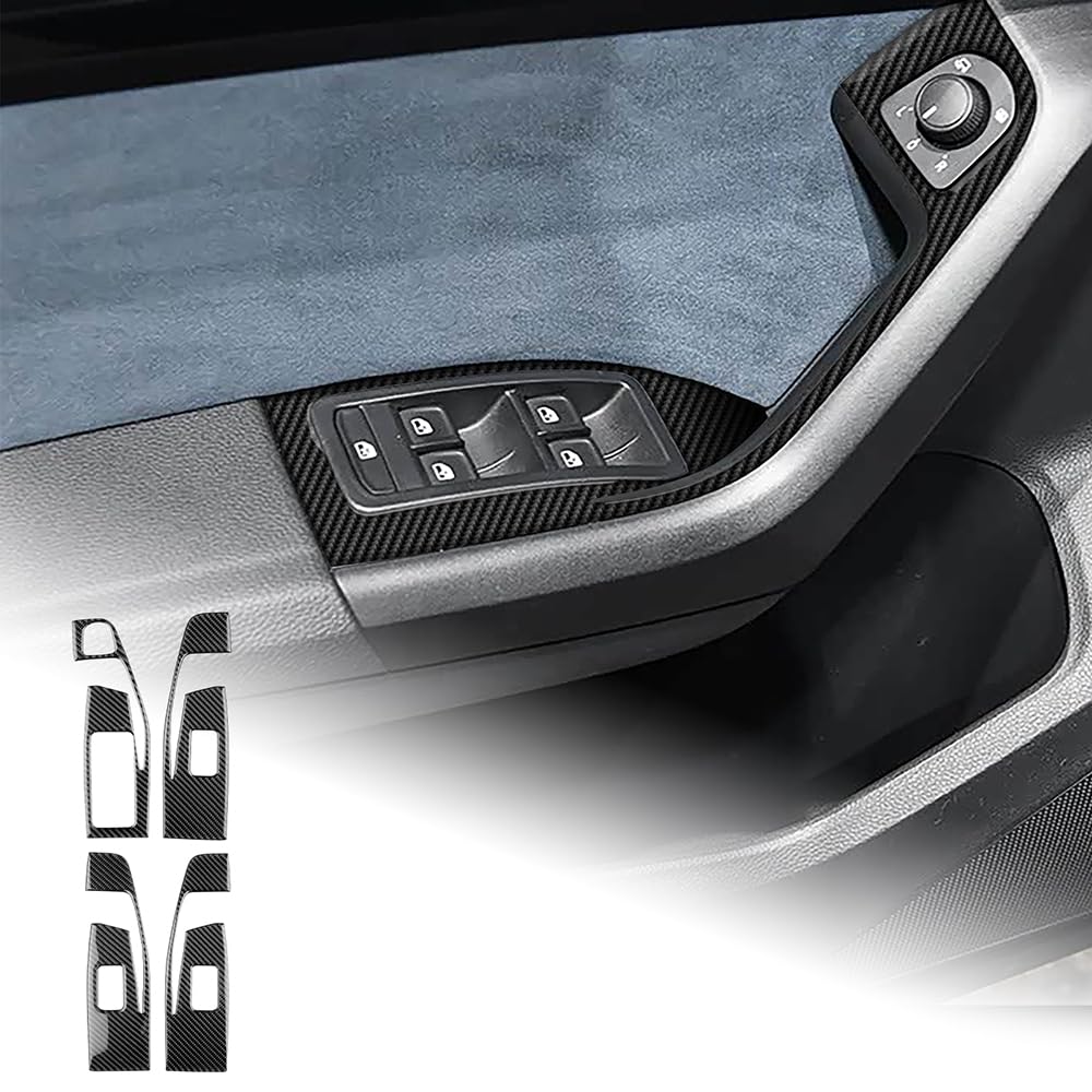 KUNGKIC Für Seat Ateca 5F 2016-2026 Cupra Ateca 5F 2018-2026 Kohlefaser Auto Bedienfeld Fensterglas Hebe Schalter Konsole Abdeckung Aufkleber Dekorative Innenbereich Zubehör 4PC(Schwarz)