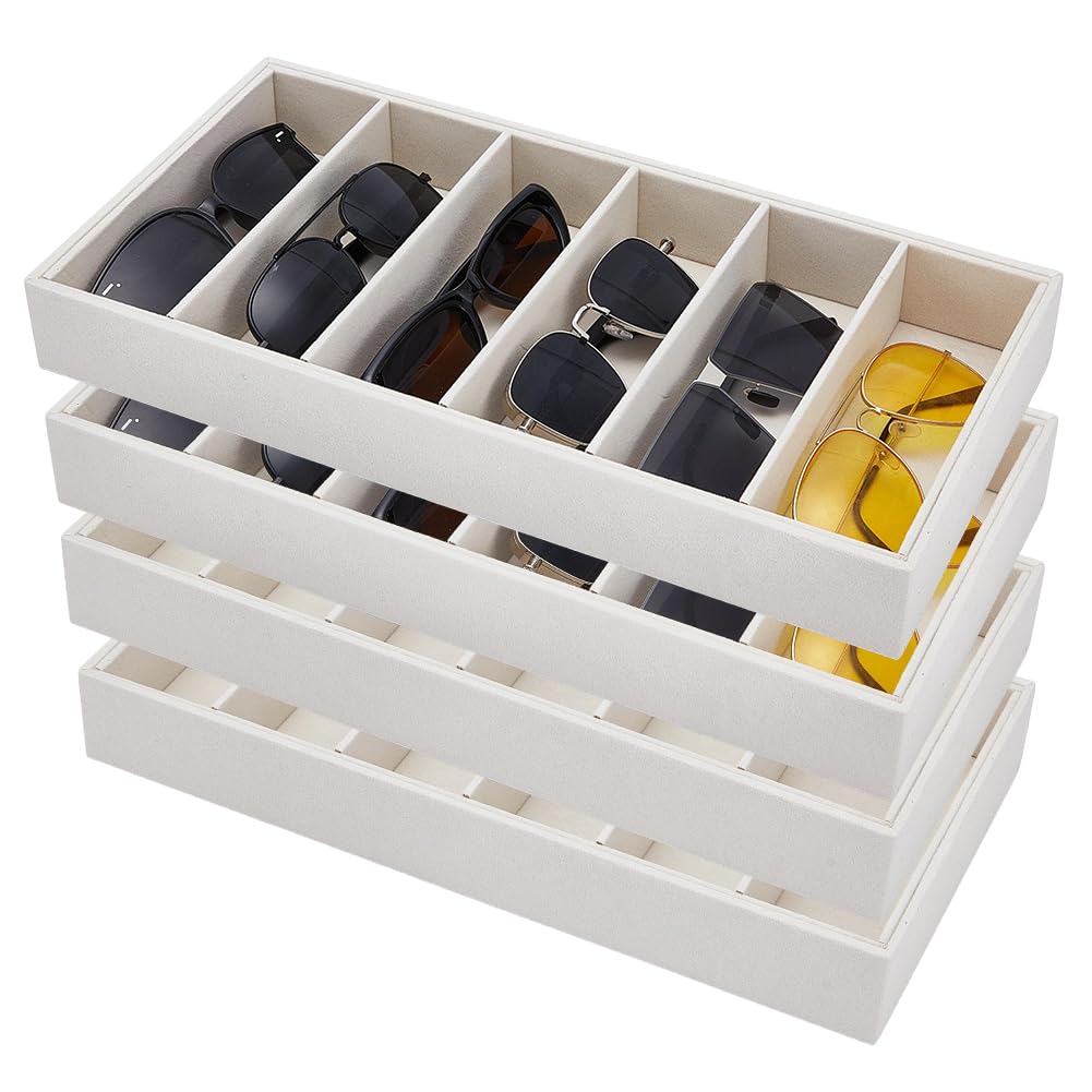 AHANDMAKER 4 Stück Samt Sonnenbrillen Organizer Tablett 6 Fächer Weiß Brillen Schmuck Display Uhr Aufbewahrungs Box für Frauen Kosmetiktisch Nachttisch Schublade Organisation