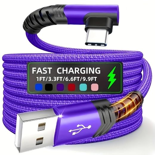 USB A to USB C Cable 3.3FT/6.6FT, 1 Pack Type C Charger Cord 66W Right Angle Braided Fast Charging Data Transfer Cable (Purple,1m=39.37inch=3.28ft)