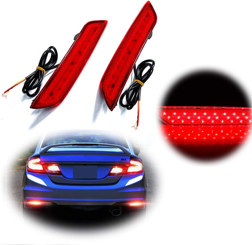 GTINTHEBOX Red Lens Led Rear Bumper Reflector Brake Tail Light Sequential Turn Signal Lamps Strobe Brake Lighting Compatible with 2013 2014 2015 Honda Civic Sedan