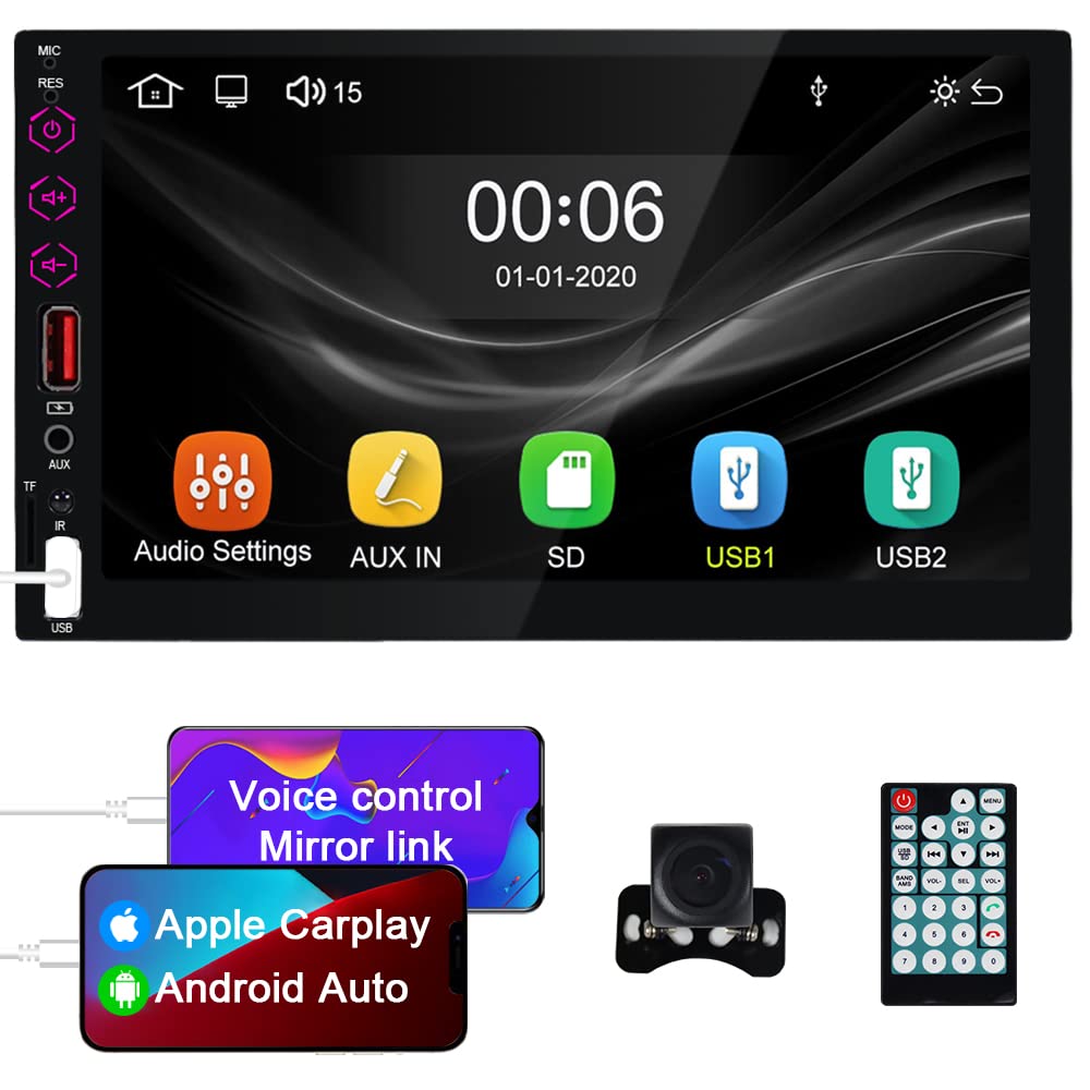 Double Din Car Stereo Radio Car Play Android Auto 7 Inch HD Touch Screen Bluetooth MP5 Player in Dash Head Unit with 2 USB,Front Backup Camera,Mirror Link,FM AM Car Radio Receiver,Subwoofer,TF,AUX