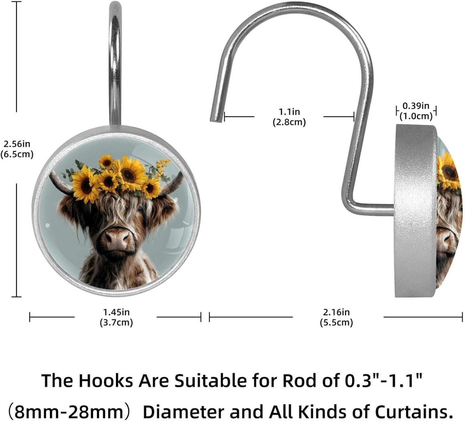 Highland Cow Sunflowers (2) Crystal Glass Shower Curtain Hooks Rings Decorative Bathroom Decor - Set of 12