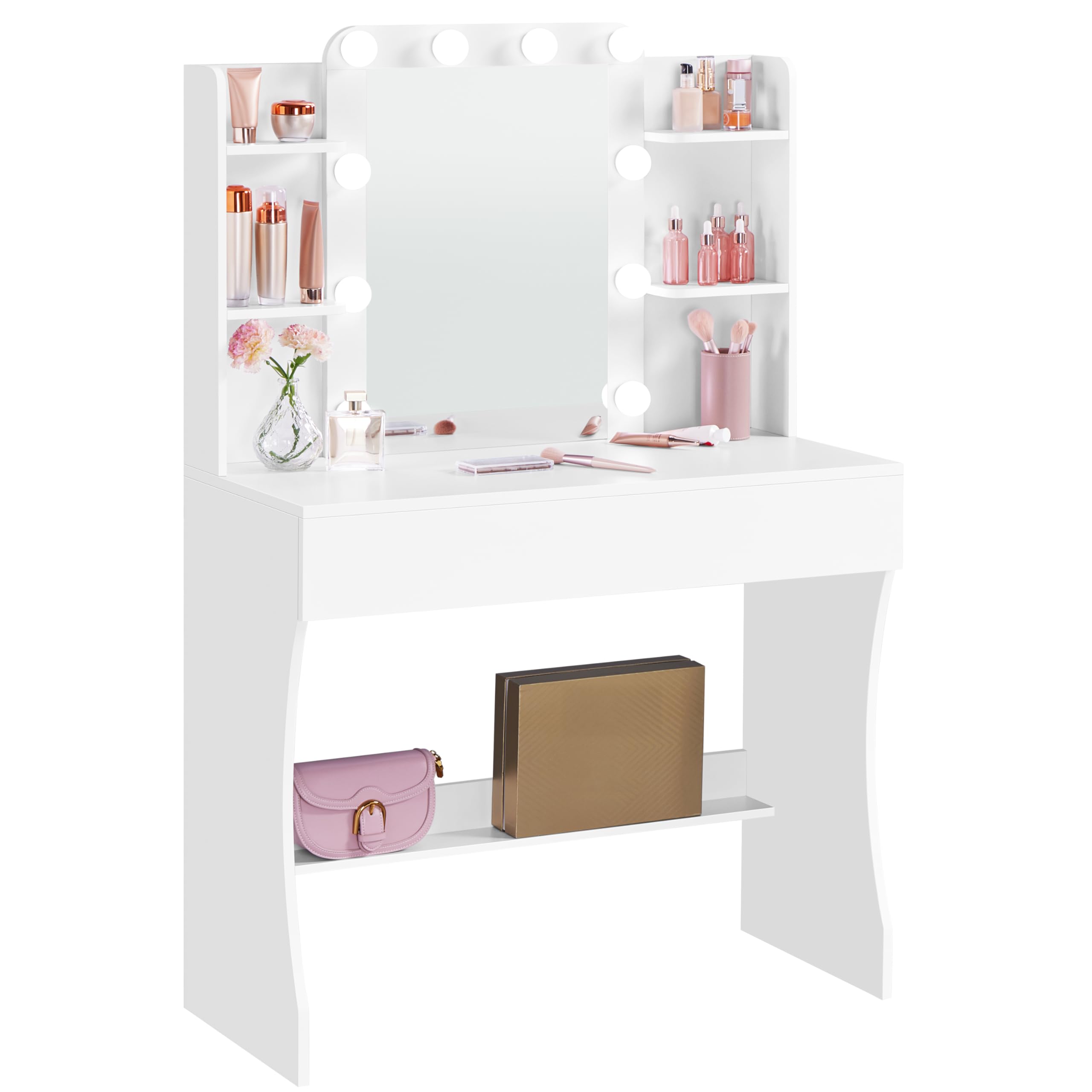Yaheetech Toeletta Trucco con 10 Luci LED 3 Colori Regolabili e 9 Modalità di Illuminazione Tavolo da Trucco con Specchio in Vetro Temperato 1 Cassetto Grande e 5 Mensole (Bianco)