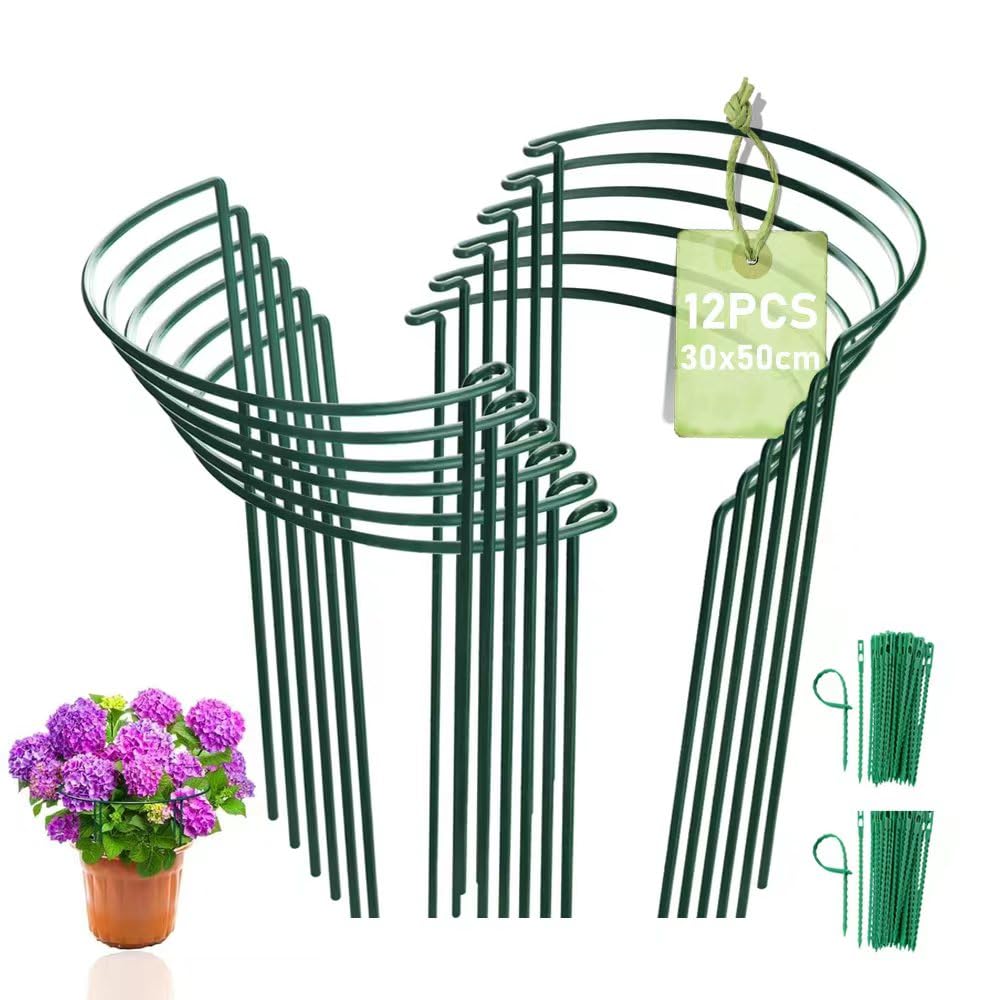 MUAEEOK 12 Pack Plant Support Stakes, Metal Garden Plant Stake, Outdoor Tall Plant Support Ring Cage,Large Plant Supports for Tomato,Vegetable, Rose,Flowers Vine (12 Pack-30x50cm)