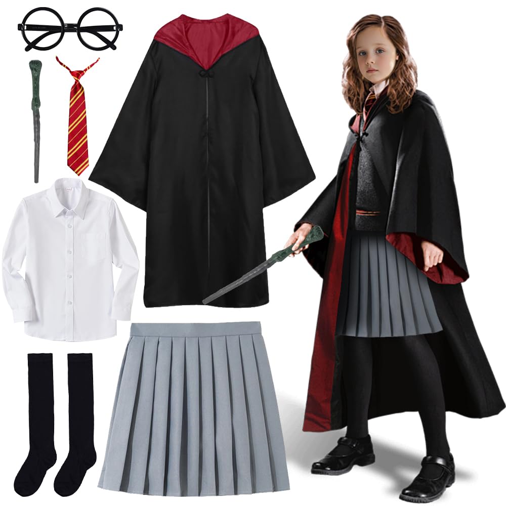 HOVCEH Wizard Cloak Magic Robe Costume Girls, 7Pcs Wizard Costume Magic School Uniform for Child And Adult, Wizard Robe Magician Costume Cosplay with Wizard Cape Socks Wand Tie Glasses Frame