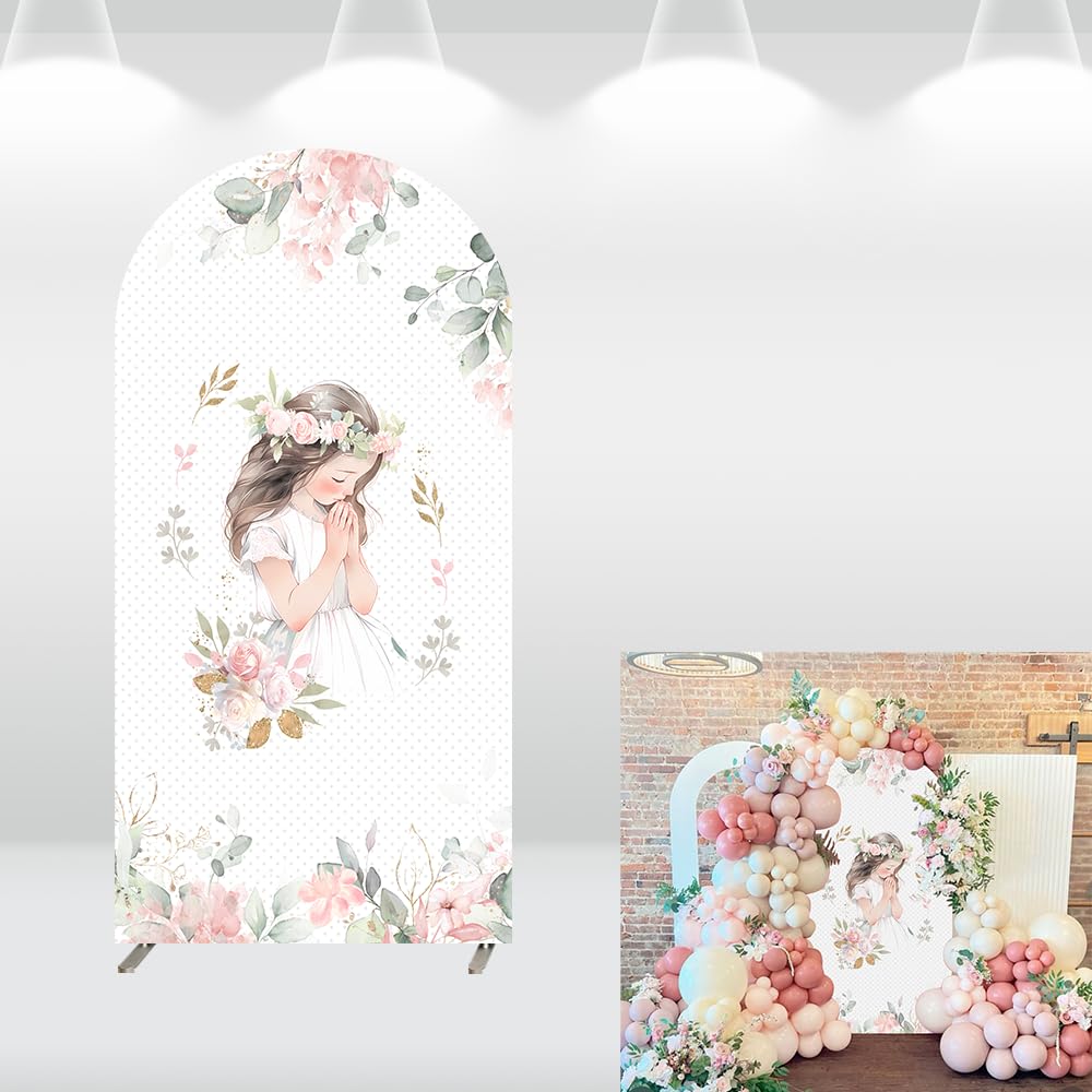 Photo 1 of Flowers God Bless Arch Cover Backdrops Girls First Holy Communion Party Arched Wall Banner Bible Baby Shower Background 2.6x6ft