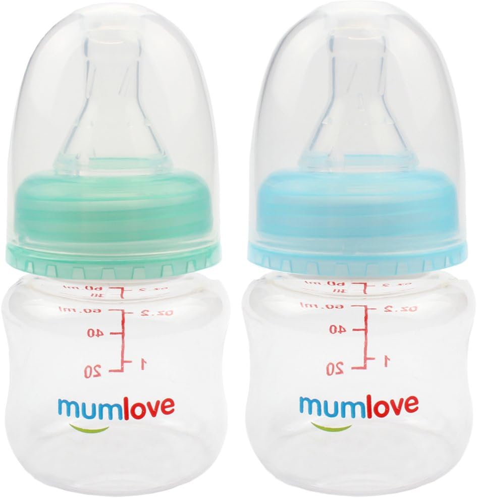 MUAI BPA Free Newborn Baby Feeding Bottle with Slow Flow Nipple, 2 Ounce, 2 Count (Green/Blue)