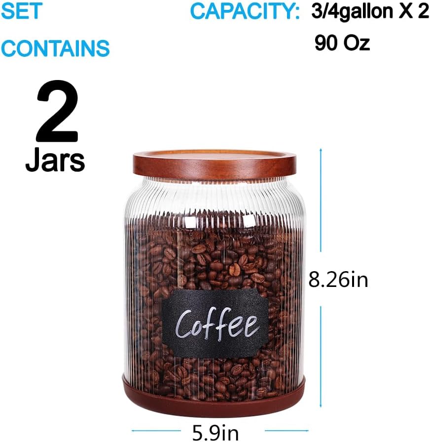 SAIOOL 2-Pack Striped Borosilicate Glass Airtight Canisters - Big mouth Large Capacity, Acacia Wood Lid, Food Storage Jars for Flour, Pasta, Pantry Organization (3/4 Gallon (2 Striped pack)) - Image 2