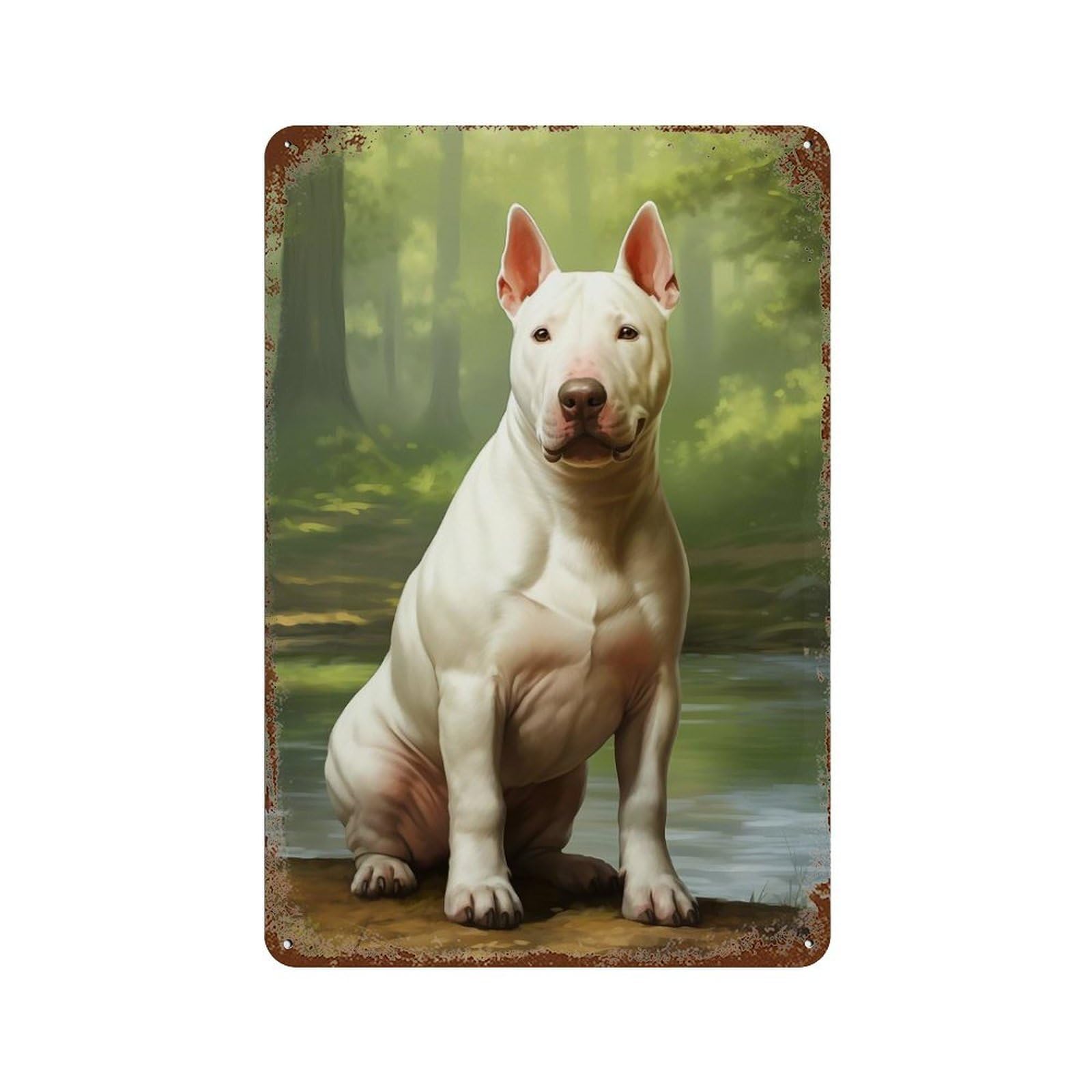 White Bull Terrier 11.8"x7.9" Rust Effect Tin Sign, Decorative Metal Wall Art for Garage, Bar And Workshop Decor