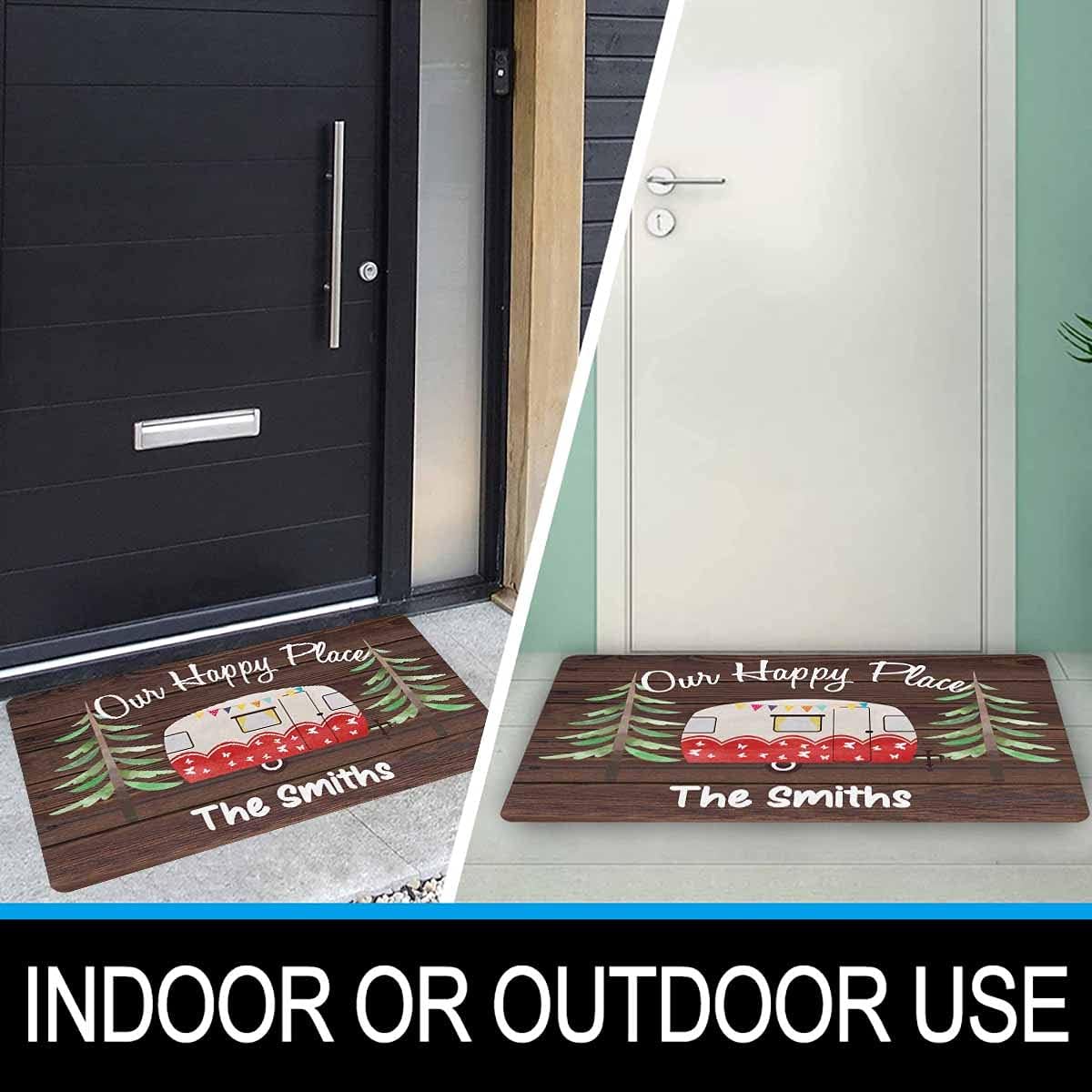 Custom Camper Doormat, Personalized Camping Rv Door Mats Welcome Our Happy Palce for Indoor Outdoor Entrance Floor, Funny Gifts Campsite Rugs Outside Decor (24 X 16 inches)