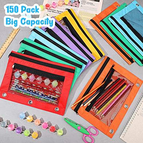 Image of Zhehao 200 Pcs Pencil Pouches for 3 Ring Binder, Bulk Zipper Pencil Pouch Pen Case with Mesh Window Cloth Double Pocket 3 Hole Bag for Storing School Office Supplies(Multicolor)