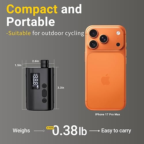Miniatura 2 de Vinid Mini bomba de bicicleta sin escobillas con medidor de presión digital Bomba de aire recargable eléctrica ultra portátil de 120 PSI, inflado