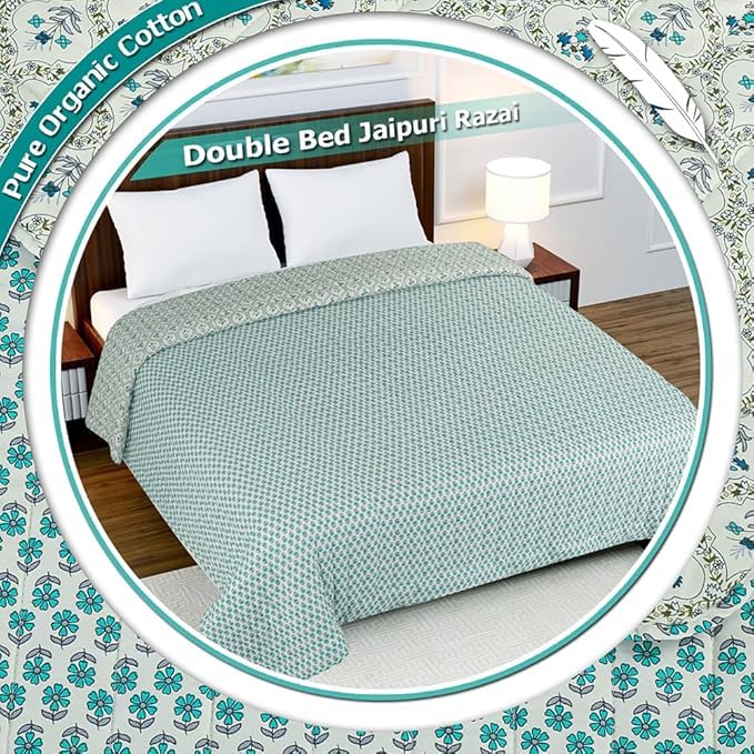 Image of SANMARINO Jaipuri Razai Single Bed Reversible Cotton Quilt | Traditional Ethnic Floral Print Dohar | Lightweight AC Comforter with Pure Cotton Filling | All-Season Blanket (Teal Blue)
