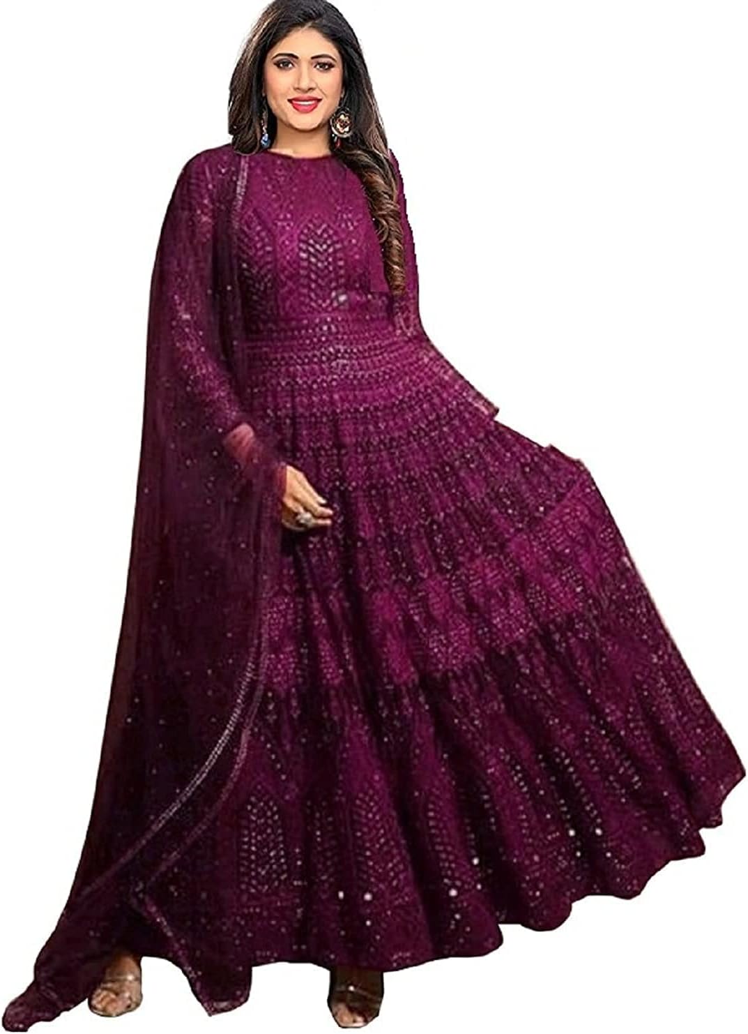 Ethnic Yard Women's Georgette Semi Stitched Anarkali Gown(SSEY-F1349_Red_Free Size)