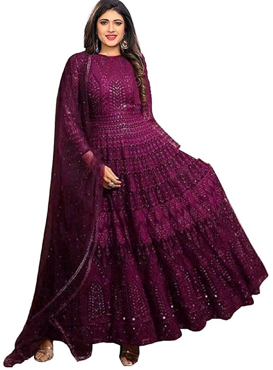 Ethnic Yard Women's Georgette Semi Stitched Anarkali Gown(SSEY-F1349_Red_Free Size)