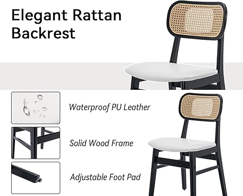 Miniatura 3 de Juego de 2 sillas de comedor de ratán de piel sintética blanca con respaldo de bastón, sillas de cocina modernas de mediados de siglo, sillas de