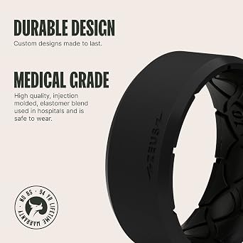 Groove Life Zeus Edge Midnight Black/Deep Stone Grey Silicone Ring Bundle Breathable Rubber Wedding Rings for Men, Lifetime Coverage, Unique Design, Comfort Fit Ring - Size 13