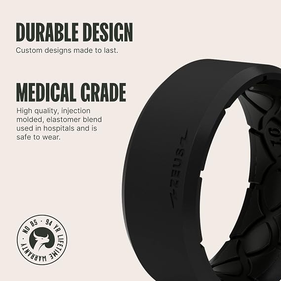 Groove Life Zeus Edge Midnight Black/Deep Stone Grey Silicone Ring Bundle Breathable Rubber Wedding Rings for Men, Lifetime Coverage, Unique Design, Comfort Fit Ring - Size 13