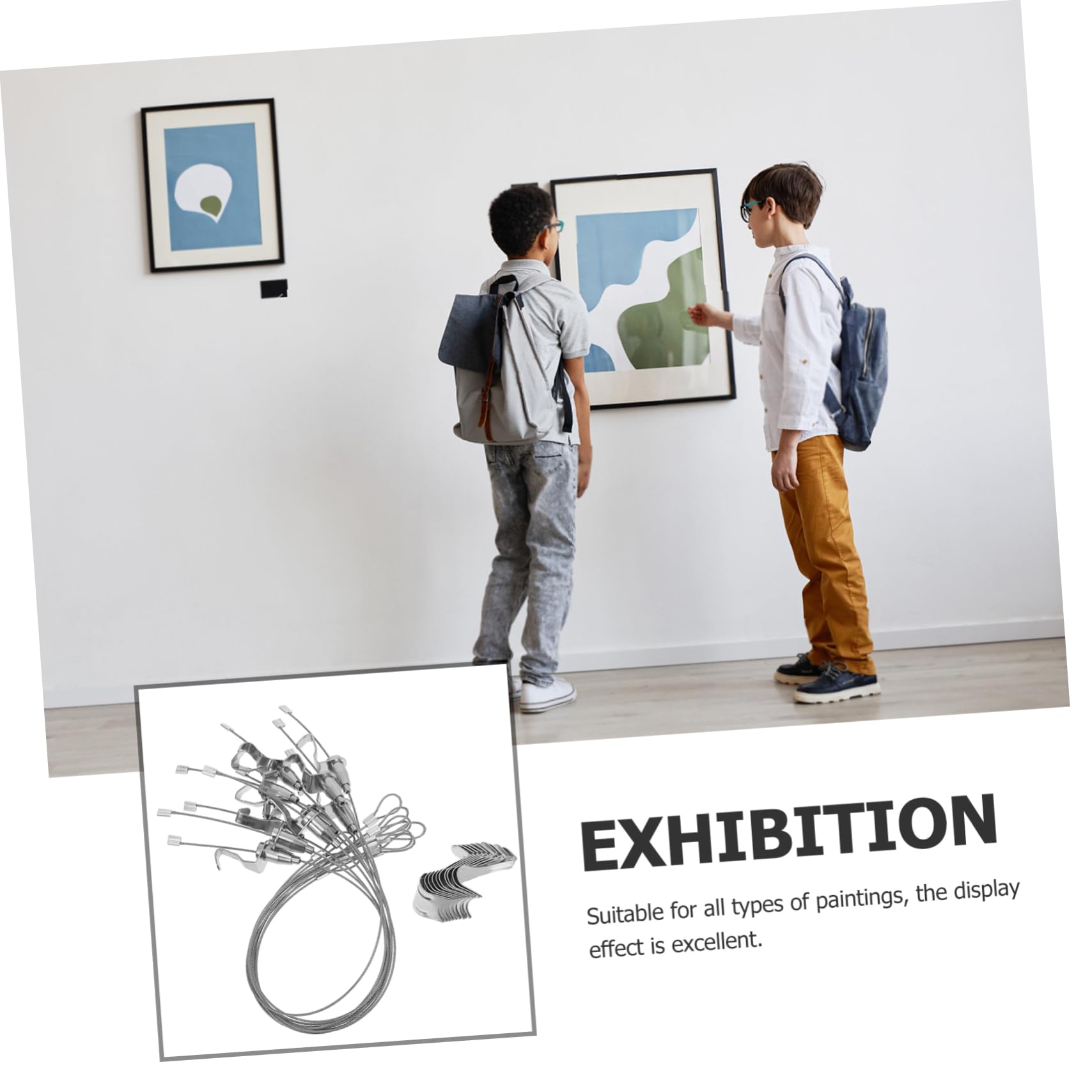 Housoutil Kit para Colgar Cuadros Ganchos Metálicos de Acero Inoxidable, Cuerda Ajustable y Fácil Instalación para Exposiciones de Arte, 10 Sets en Color Plata