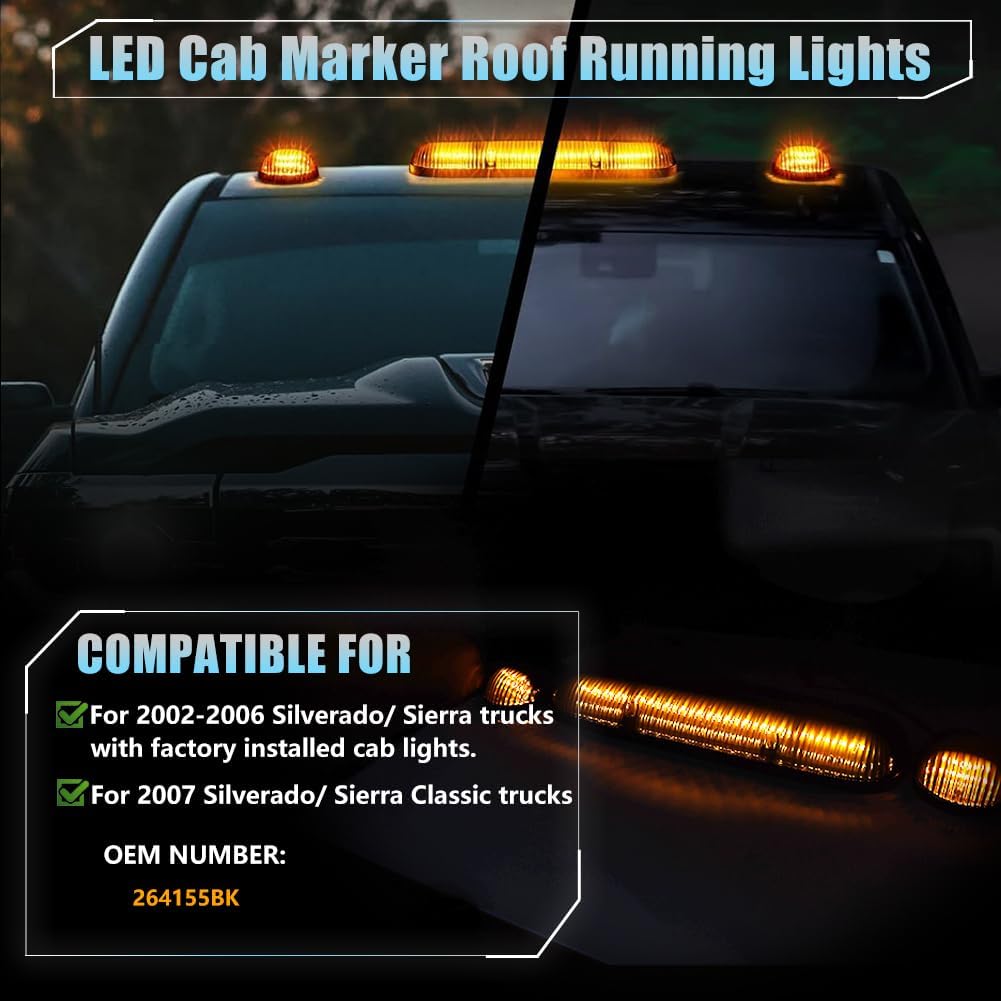 3 PCS Smoked Lens LED Cab Lights for Silverado/Sierra 1500 1500HD 2500 2500HD 3500 2002-2007 Truck, Amber 30 LED Roof Running Top Lights for Chevy 2500HD, Amber