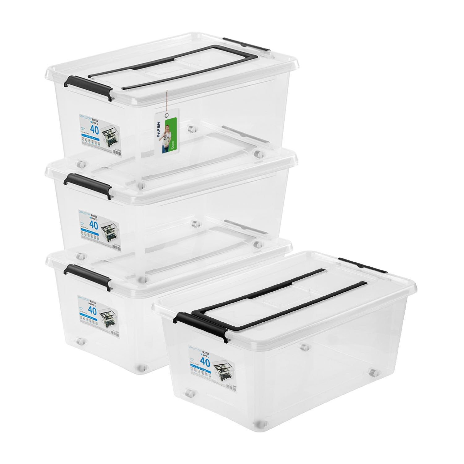 PAFEN 4x Unterbettkommode Aufbewahrungsbox 40L mit Rollen und Griff - 38,5 x 25 x 58 cm - Transparent Boxen Aufbewahrung Stapelboxen mit Verschlussclips Kunststoffbehälter