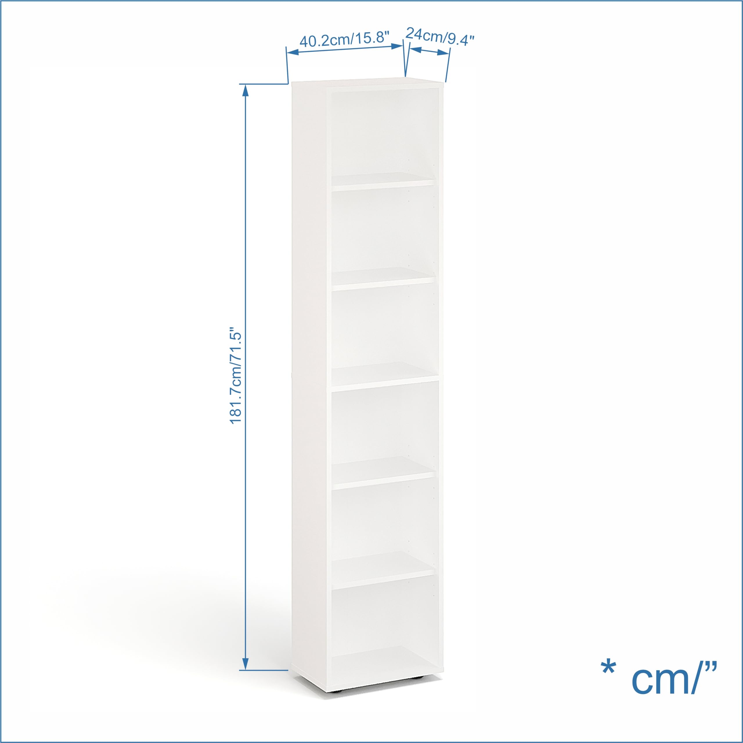 KOMTO Regal 40 cm breit Weiß - Bücherregal mit 6 Ebenen und Höhenverstellbare Regale, Standregal, Aufbewahrungsregal | Bookshelf Lumo 40 x 180 x 24 cm (BxHxT)