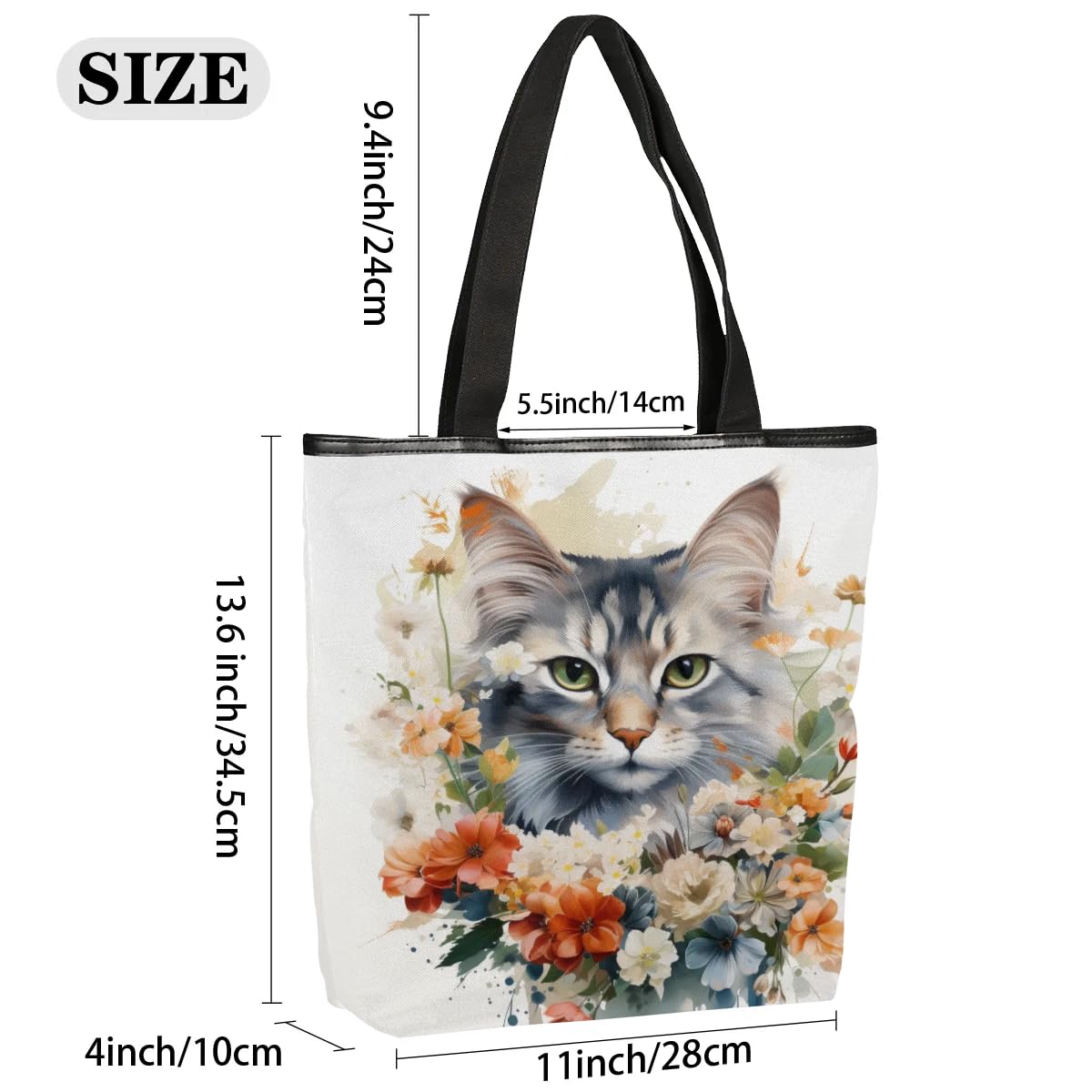Mularoka Watercolour Cat Wreath Canvas Tote Bag with Zipper and Pockets Canvas Tote Shopping Bag Women Reusable Grocery Bag for Beach Travel Gym Shopping