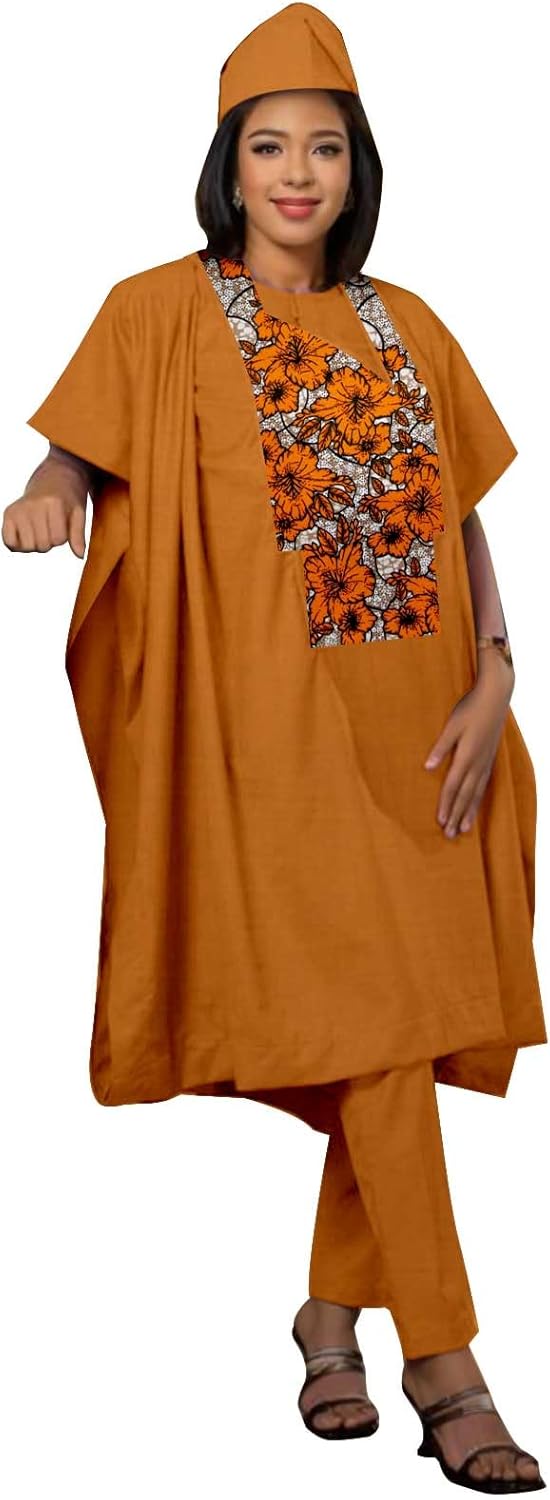 African Clothes for Women Agbada Robes Embroidery Shirts Pants and Hats 4 Piece Set Dashiki Outfits