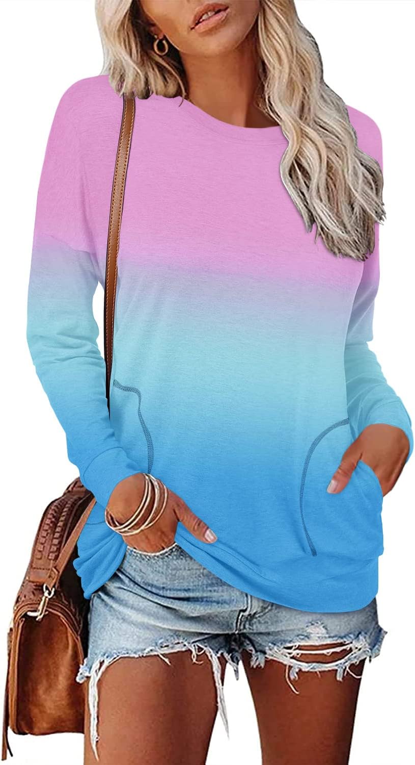 Magritta Winter Ombre Tunic Sweatshirt for Women Slouchy Crew Neck Petite Size Long Sleeve Pullover Shirt Tops with Pockets Pink Blue Small - Image 2