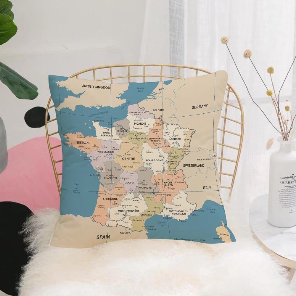 HYOSXW Cushion Cover,Throw Pillow Case Home Decorative for Living Room Bedroom Sofa Chair 16X16 Inch,France Map - Vintage Detailed Vector Illustration,Pillowcase 40X40cm