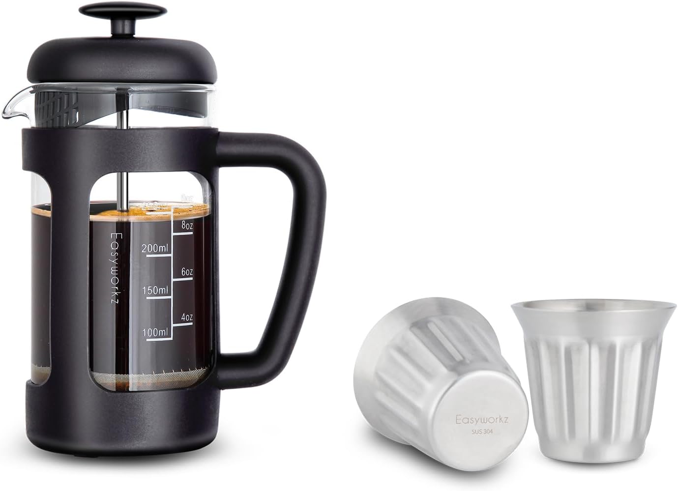 Easyworkz French Press 12 oz, Bundled Stainless Steel Double-Wall Espresso Cups 5 oz Set of 2, Vertical Stripe Design, Brushed Silver