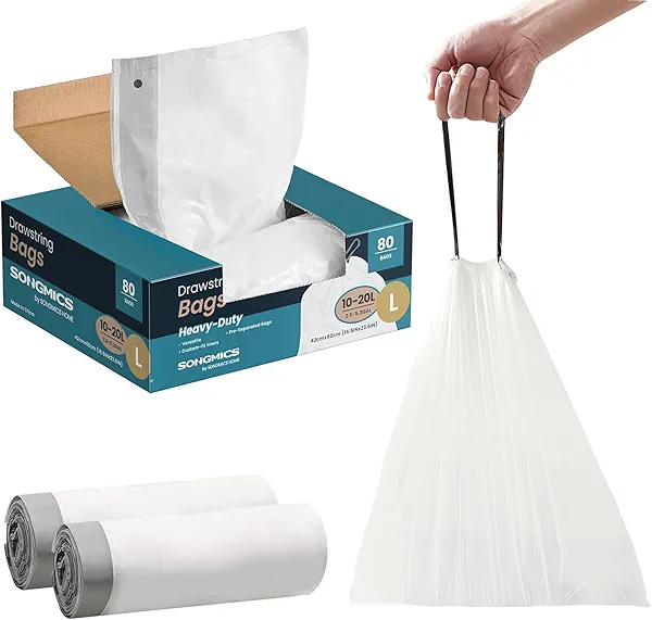 SONGMICS Trash Bags for 5.3 Gallon (20 L) Trash Cans, Drawstring Kitchen Garbage Bags, Pre-Separated, Quick-Dispense Box, Liner Code L, 2 Rolls, 80 Count, White UKRB021A02 40 Count (Pack of 
