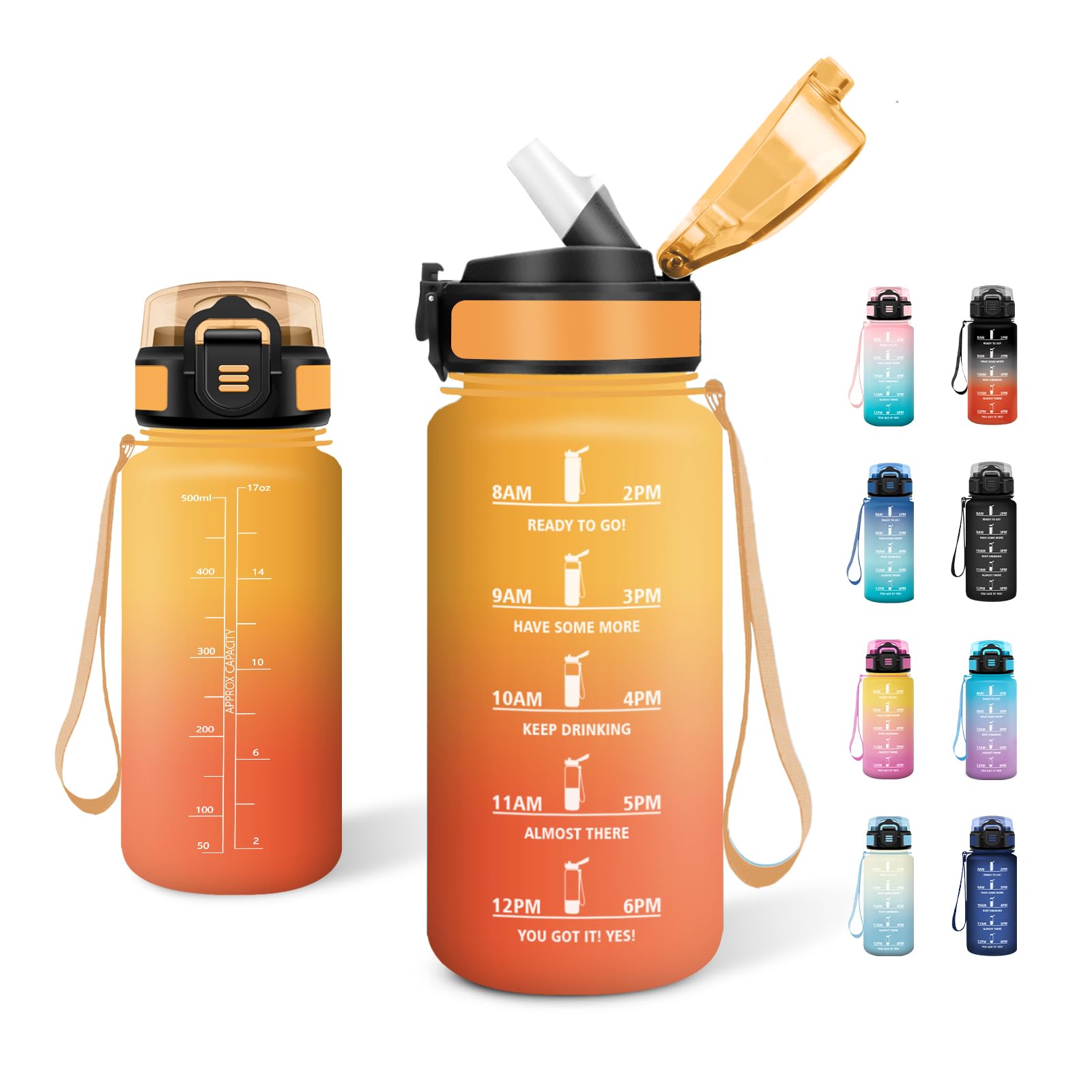 JAPORIA Sports Water Bottle 500ml Motivational Water Bottle with Straw Leakproof Large Capacity Reusable Gym Cycling Yoga