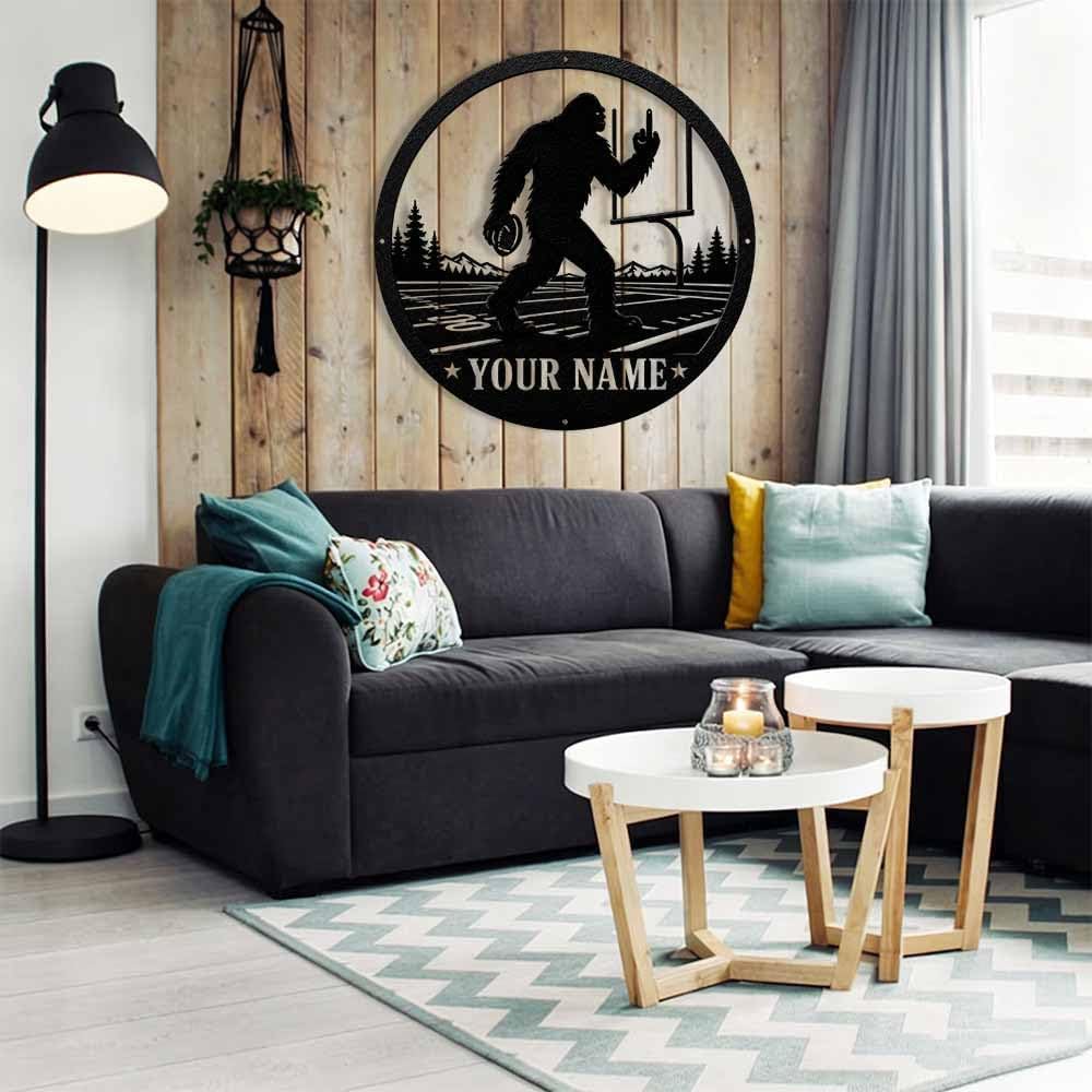 Custom Bigfoot Football Metal Sign, Personalized Sasquatch Football Field Wall Art, Funny Middle Finger Bigfoot Sign for Game Room, Man Cave, Cabin, Unique Gift for Football Fans (24)