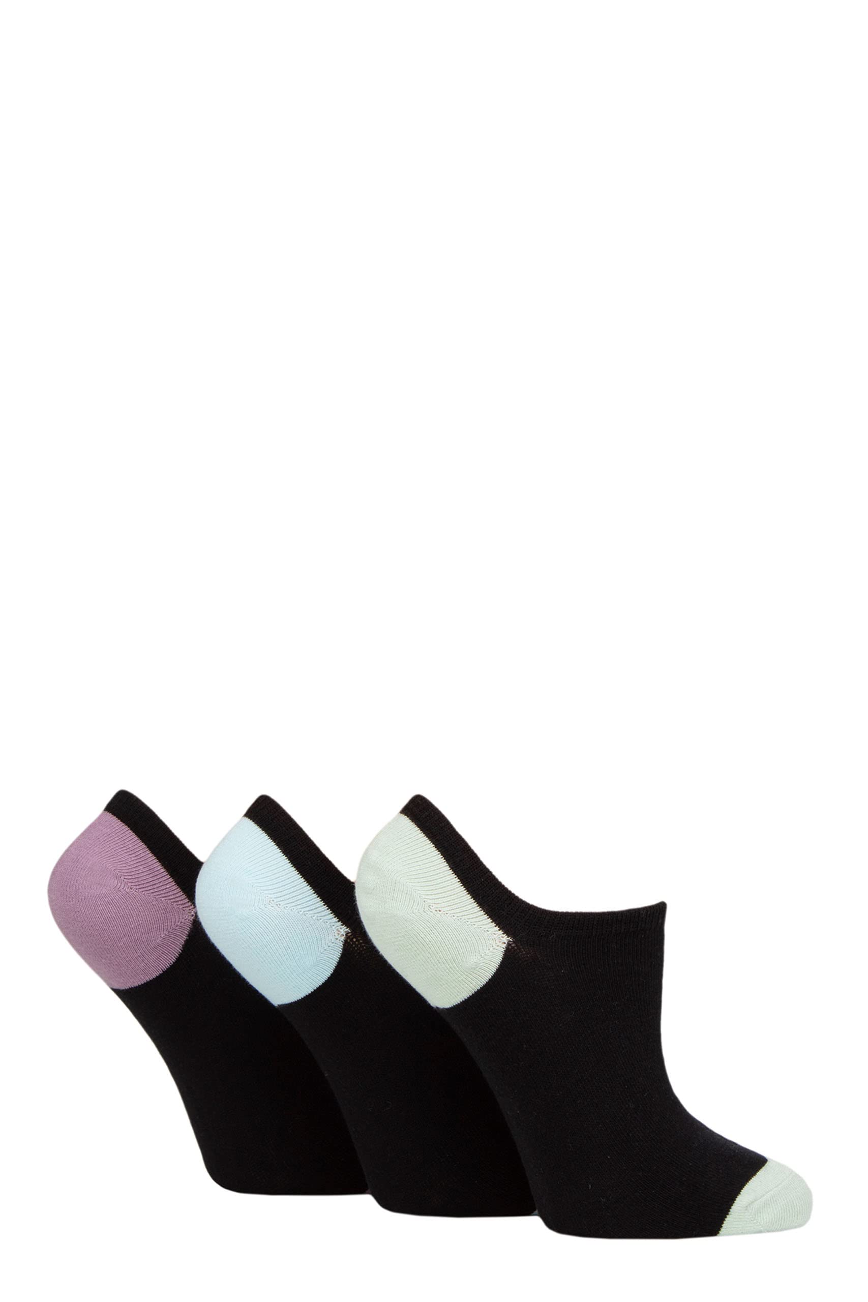 Pringle Ladies Plain Cotton Secret Socks Pack of 3 Black Purple/Light Blue/Green Heel & Toe 4-8