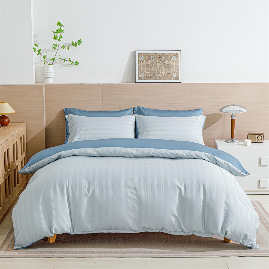 Funda de edredón de satén 200x200 Azul Rayado Brillante Deluxe Juego de cama de satén suave sedoso de seda Ropa de cama para 2 personas Adulto con cierre de cremallera con fundas de almohada