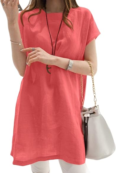 Amazon.co.jp: [Audwine] 綿麻 レディース チュニック 半袖 tシャツ